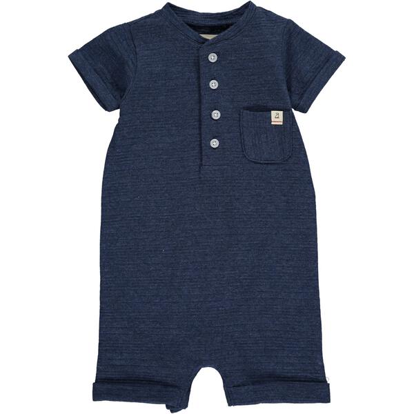 Navy ribbed henley romper, with small front pocket and 4 buttons from the neck, short sleeved