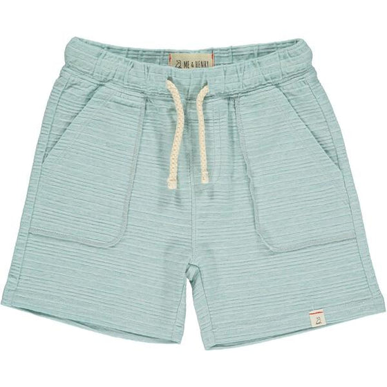 Sky ribbed shorts with cream drawstrings and 2 side pockets