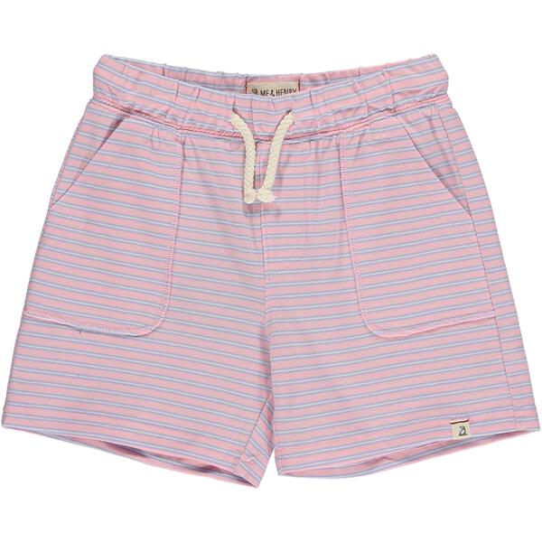 Pink/ lilac stripe pique shorts, side pockets, and drawstring for an adjustable waist