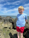 Blue, Lobster, Embroidered, Tee, red, shorts, blonde, hair, little, boy, standing, up, on, the, rocks, summer, henry, .