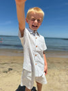 Grey, White, Thin, Double, Stipe, woven, shirt, button, buttons, white, shorts, boy, at, coast, summer, henry.