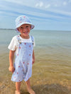 Lobster, print, seersucker, woven, ,buckled, overalls, matching, Lobster, woven, bucket, hat, white, tee, summer, henry.