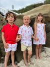 Red, polo, button, buttons, Lobster, print, shorts, dark, hair, Lobster, print, shirt, button, buttons, beige, shorts, blonde, hair, Lobster, printed, dress, summer, henry.