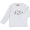 white long sleeve tee, round neck, cotton, snow scene miniature picture containing snowy background, kids skiing, xmas trees