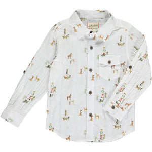 white long sleeve cotton shirt, little boy and Henry dog print all over, cuffed writs, buttons down, collar, pocket