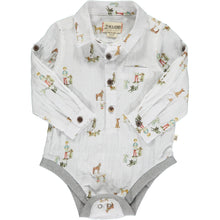  white long sleeve cotton shirt, little boy and Henry dog print all over, cuffed writs, buttons down, collar, pocket ,poppers