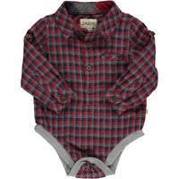  red multi plaid woven onesie, buttons down, poppers, cuffed wrists, collar, pocket on chest