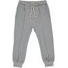 grey jog pants, white drawstrings, cuffed ankles, flexible waistband,cotton, polyester, spandex, side pockets