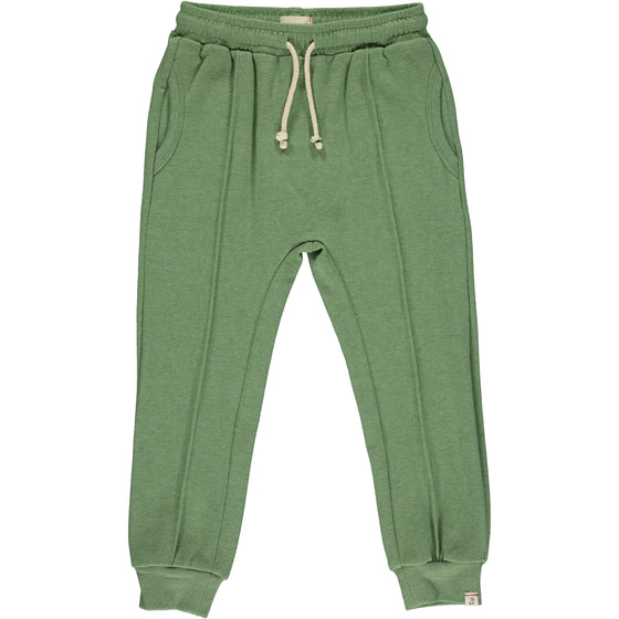 green jog pants, white drawstrings, cuffed ankles, flexible waistband,cotton, polyester, spandex, side pockets