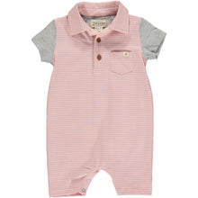  Pink/white micro stripe polo romper with grey short sleeves, 3 buttons down from neckline and smart collar.