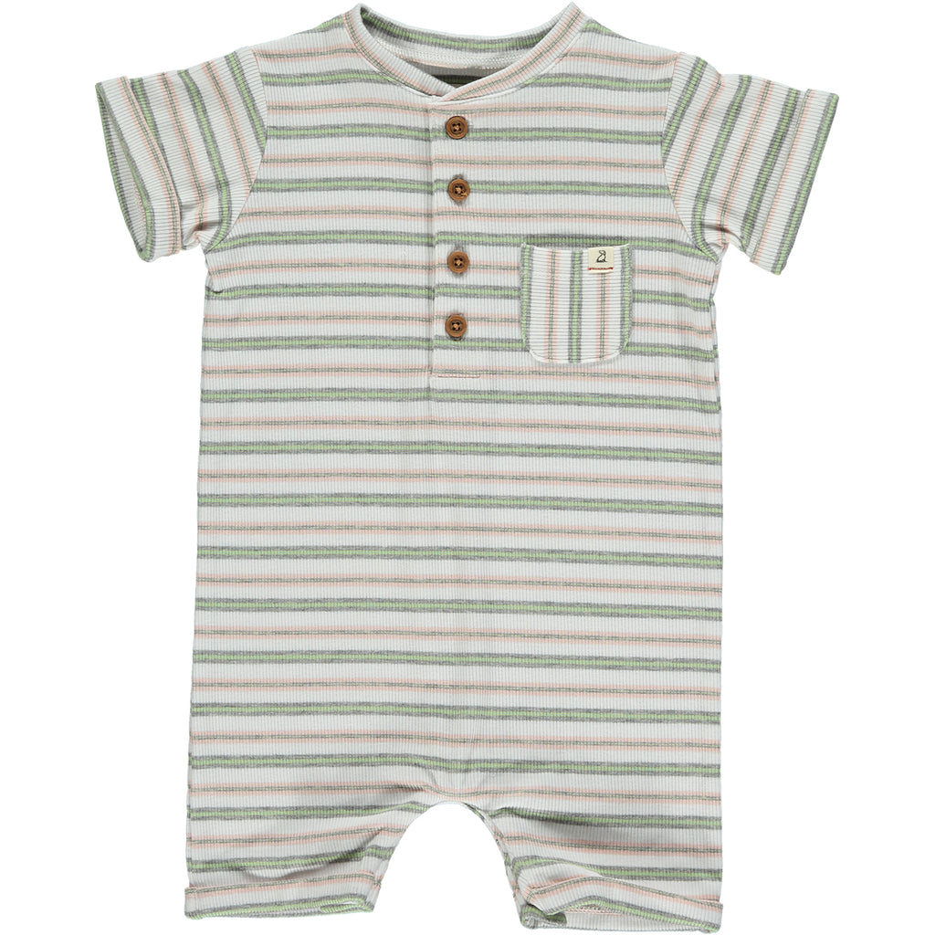 Pink/White/Grey horizontal striped ribbed henley romper, short sleeved, 4 buttons from neckline and small front pocket