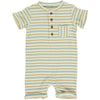 Blue/Lemon/White horizontal striped Ribbed Henley Romper with 4 buttons down from neckline, short sleeved and a small pocket at the front.