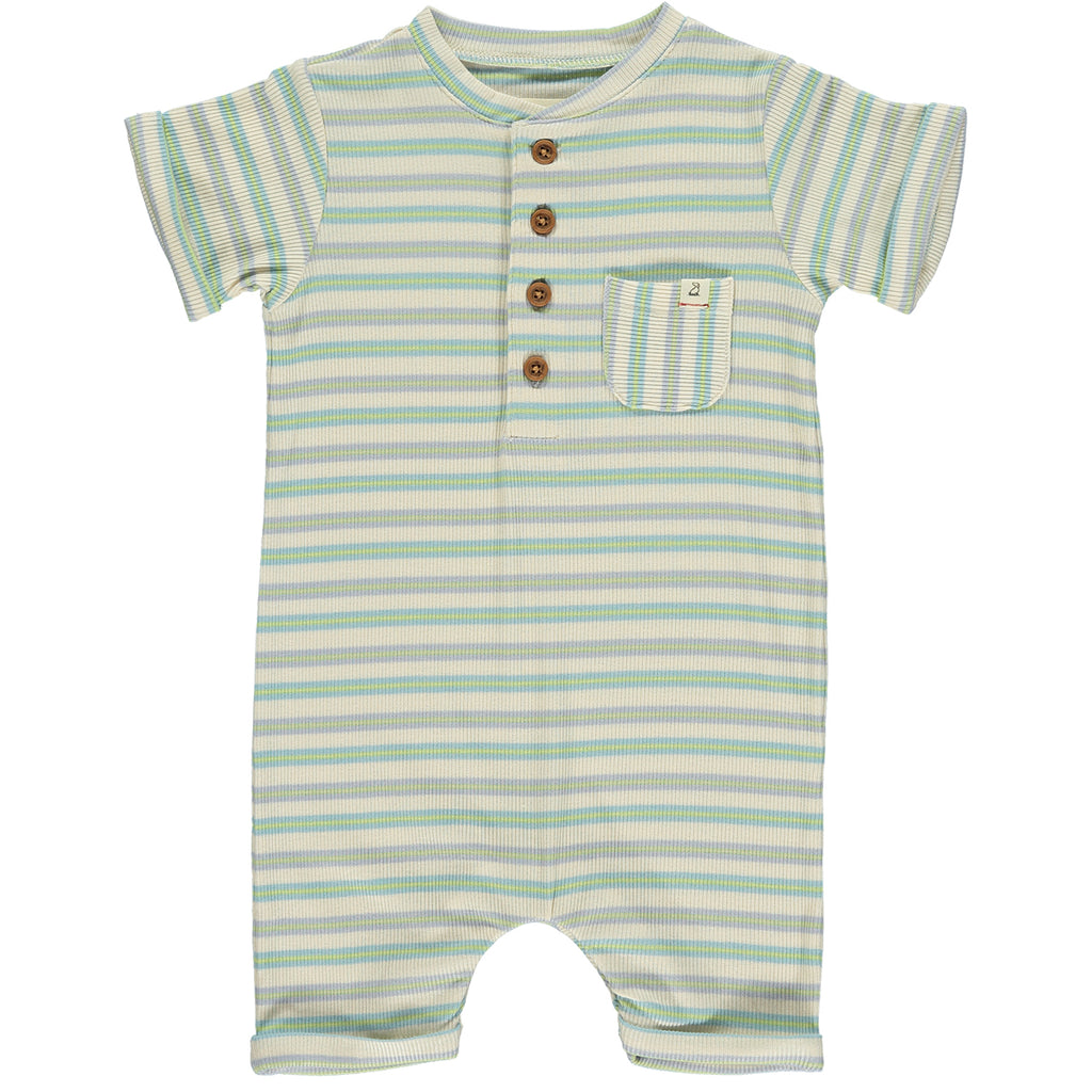 Beige/Lime/Grey horizontal striped Ribbed Henley Romper with 4 buttons down from neckline, short sleeved and a small pocket at the front.