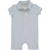  Blue/Cream Stripe Pique Polo Romper, short sleeves, 4 buttons down and a smart collar
