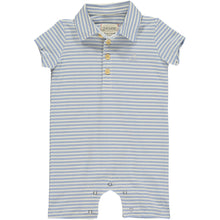   Blue/Cream Stripe Pique Polo Romper, short sleeves, 4 buttons down and a smart collar