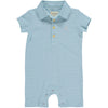 aqua blue stripe pique polo romper with short sleeves, 4 buttons and collar