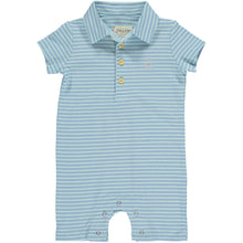  aqua blue stripe pique polo romper with short sleeves, 4 buttons and collar