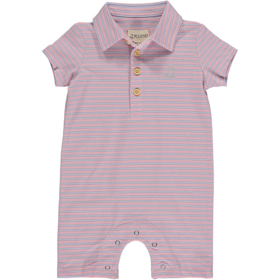 Pink/Lilac  stripe Pique Polo Romper, short sleeves, 4 buttons down and a smart collar