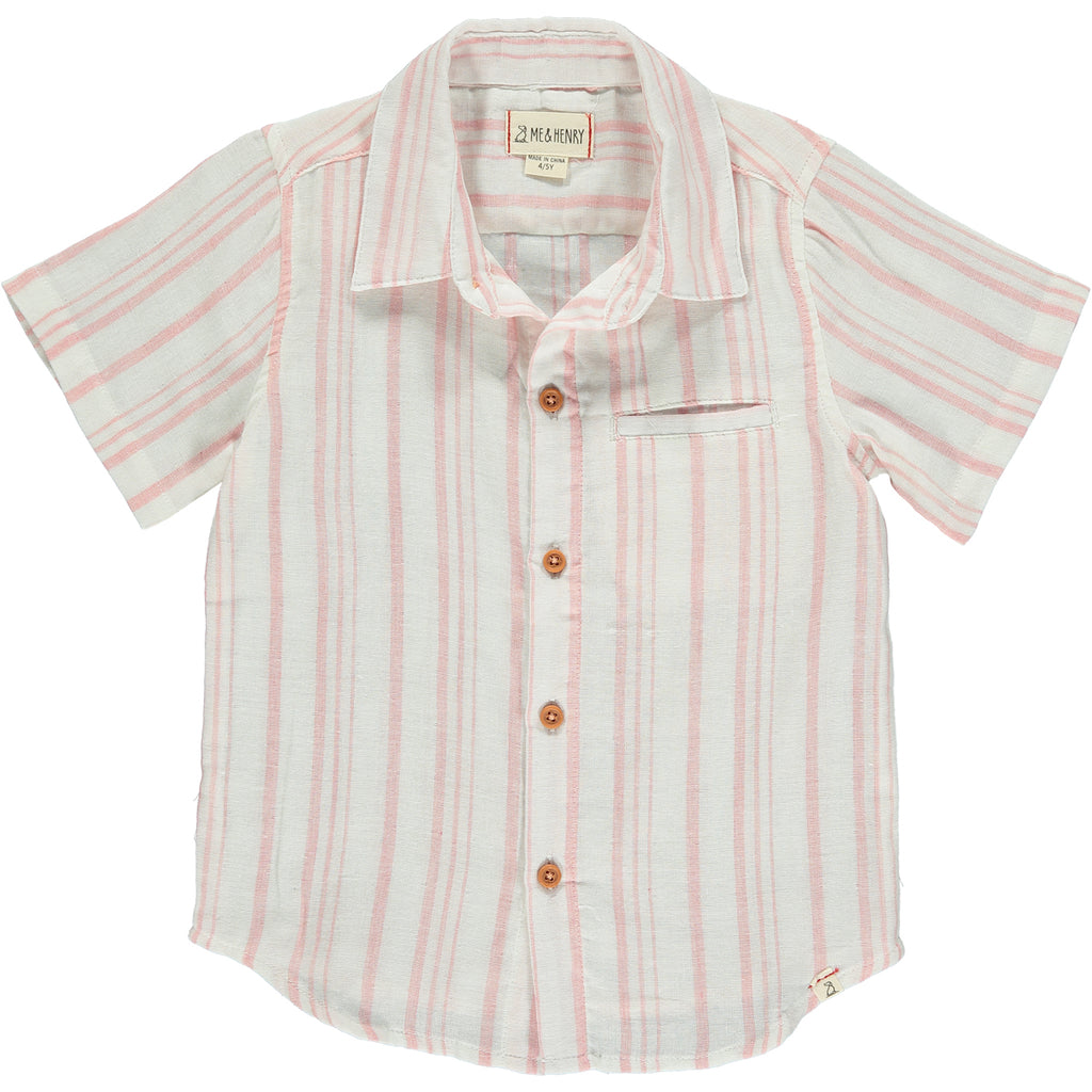 Pink/Cream Stripe Woven Shirt, 5 buttons going down the middle, short sleeve with a smart collar and a small front pocket