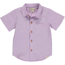  Lilac/Pink seersucker Woven Shirt, 5 buttons going down the middle, short sleeve with a smart collar and a small front pocket