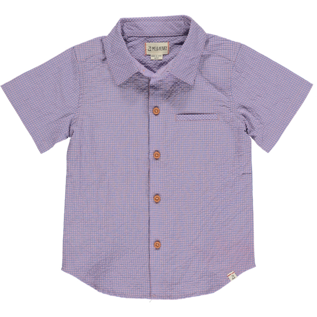 Blue/Pink seersucker Woven Shirt, 5 buttons going down the middle, short sleeve with a smart collar and a small front pocket