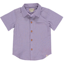  Blue/Pink seersucker Woven Shirt, 5 buttons going down the middle, short sleeve with a smart collar and a small front pocket