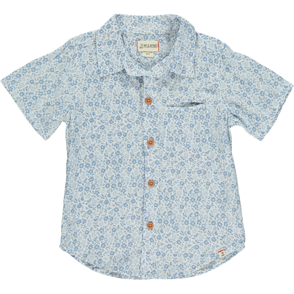 blue floral woven shirt, 5 buttons going down the middle, short sleeve with a smart collar and a small front pocket