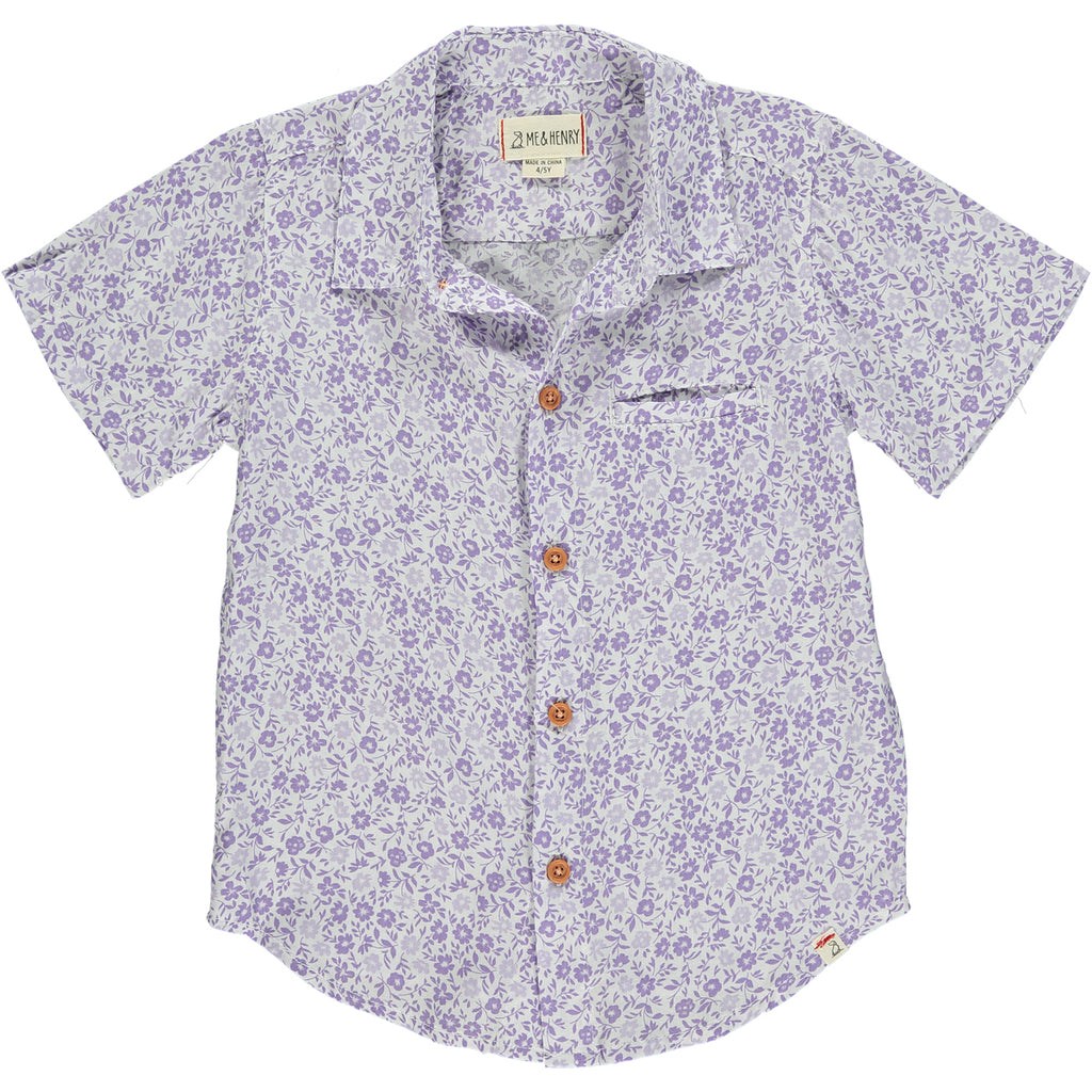 Lilac floral woven shirt,  5 buttons going down the middle, short sleeve with a smart collar and a small front pocket