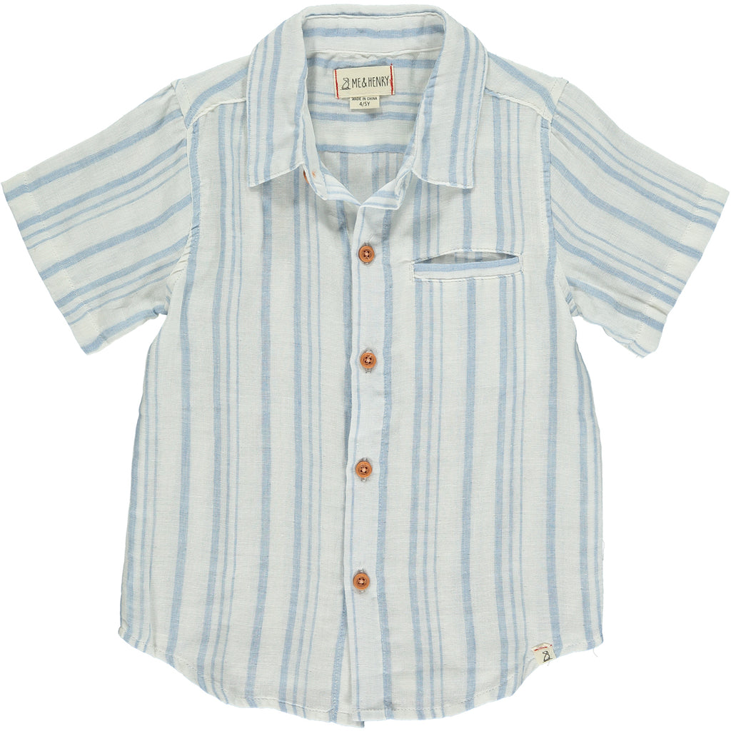 Blue/Cream stripe woven shirt Stripe Woven Shirt, 5 buttons going down the middle, short sleeve with a smart collar and a small front pocket