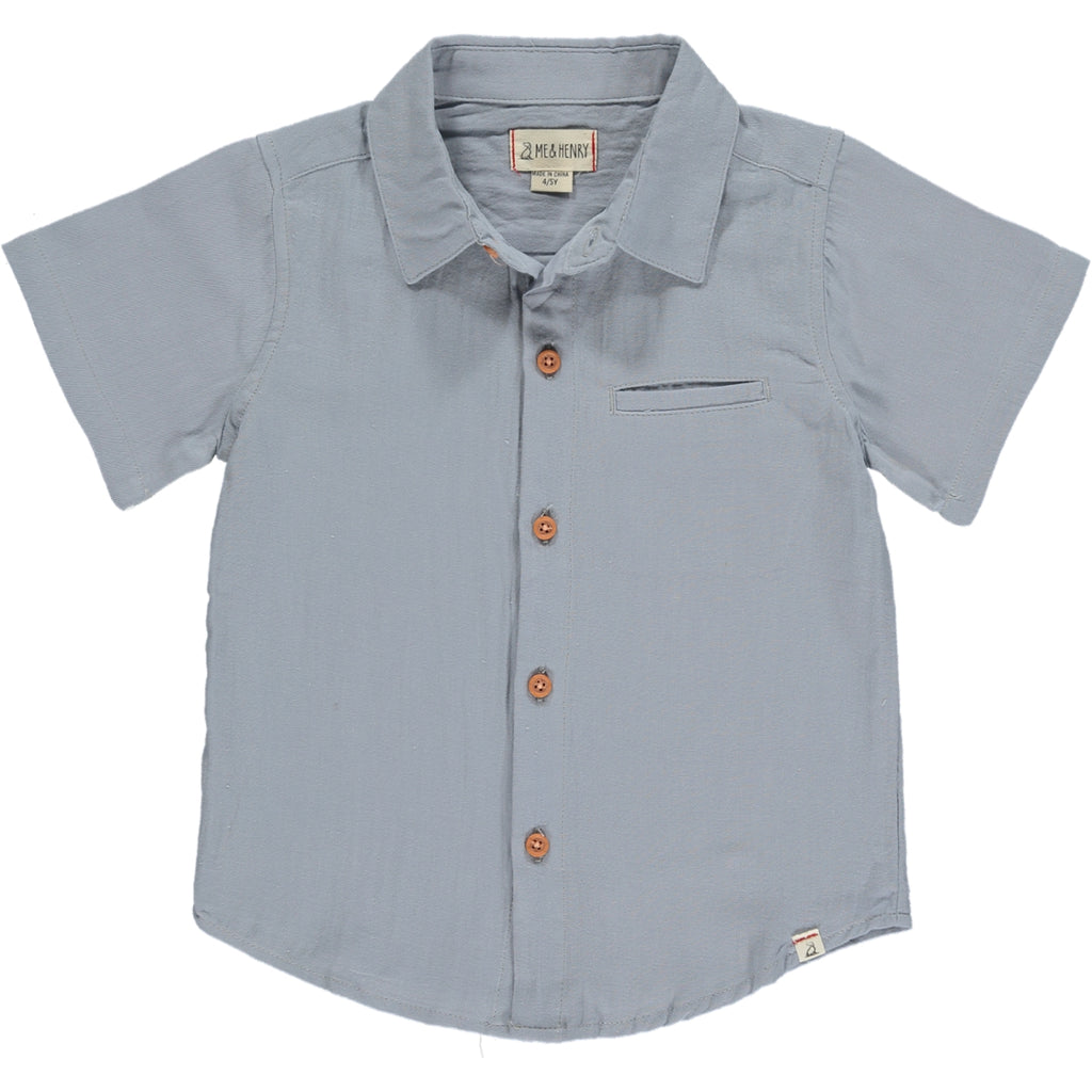 Grey woven shirt , 5 buttons going down the middle, short sleeve with a smart collar and a small front pocket