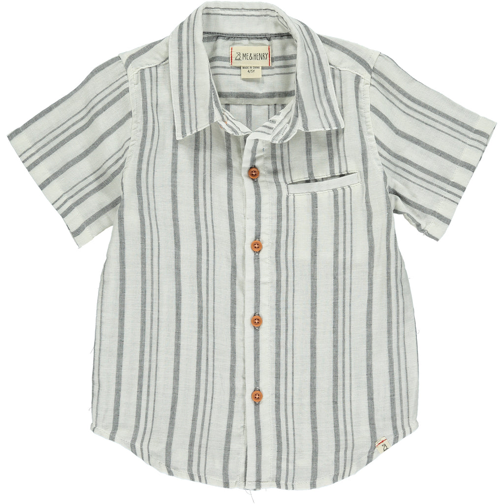 Charcoal/Cream stripe woven shirt Stripe Woven Shirt, 5 buttons going down the middle, short sleeve with a smart collar and a small front pocket