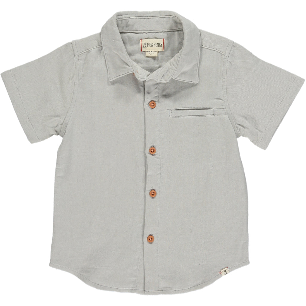 Pale grey woven shirt,  , 5 buttons going down the middle, short sleeve with a smart collar and a small front pocket