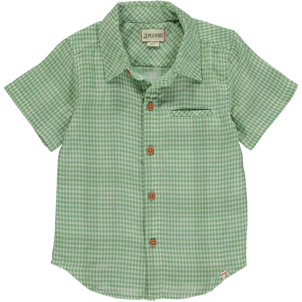 Green plaid woven shirt , 5 buttons going down the middle, short sleeve with a smart collar and a small front pocket