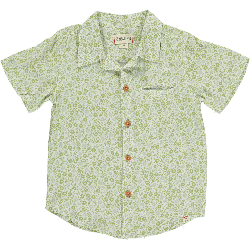  Green Floral Woven Shirt, 5 buttons going down the middle, short sleeve with a smart collar and a small front pocket