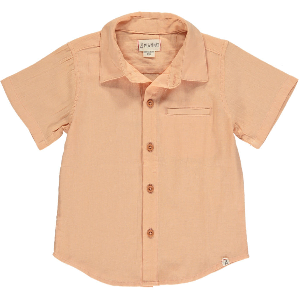 Apricot woven shirt , 5 buttons going down the middle, short sleeve with a smart collar and a small front pocket