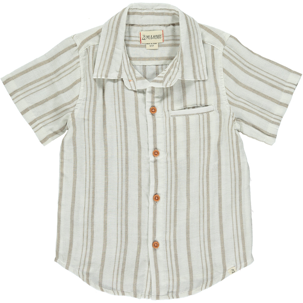 Cream/White stripe woven shirt Stripe Woven Shirt, 5 buttons going down the middle, short sleeve with a smart collar and a small front pocket