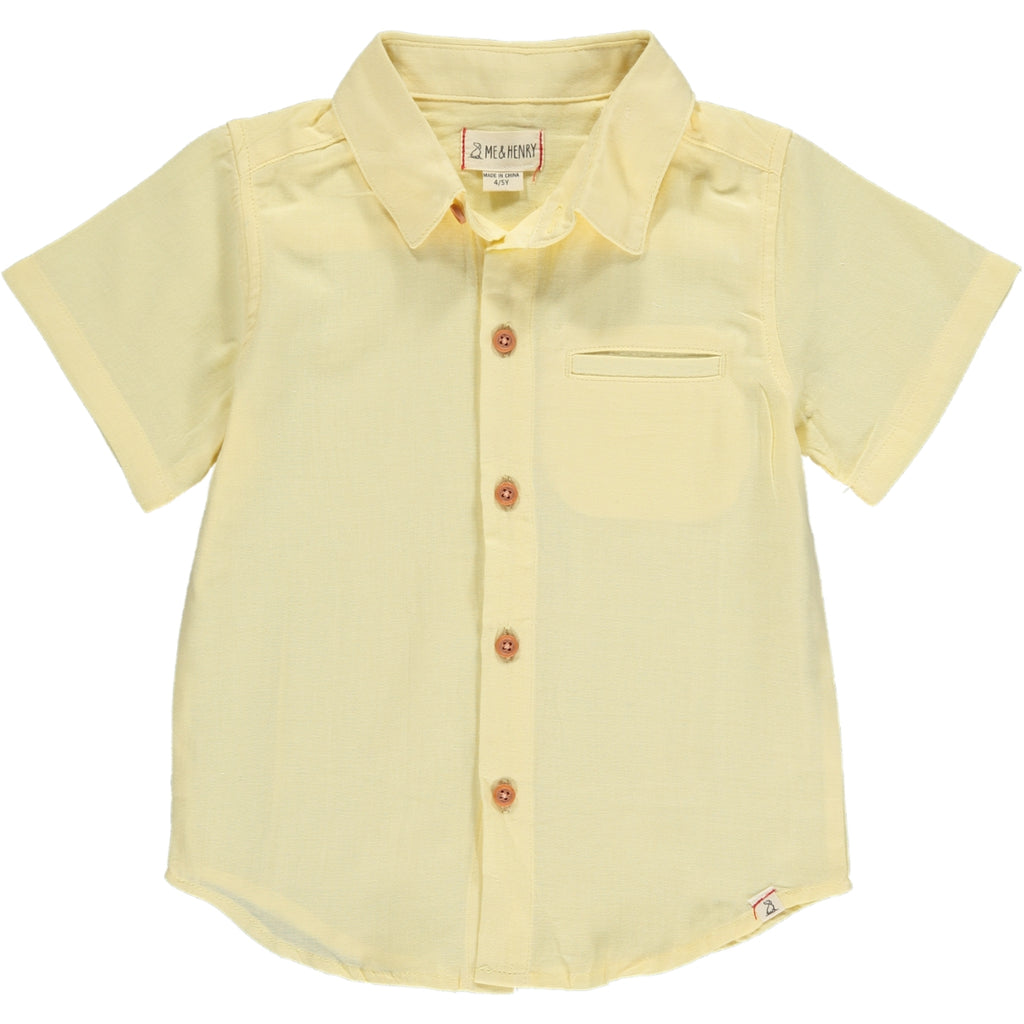 lemon woven shirt , 5 buttons going down the middle, short sleeve with a smart collar and a small front pocket