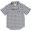 Navy/white plaid short sleeve woven shirt, buttons down, small front pocket and a smart collar