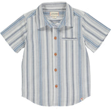  Blue stripe woven shirt Stripe Woven Shirt, 5 buttons going down the middle, short sleeve with a smart collar and a small front pocket