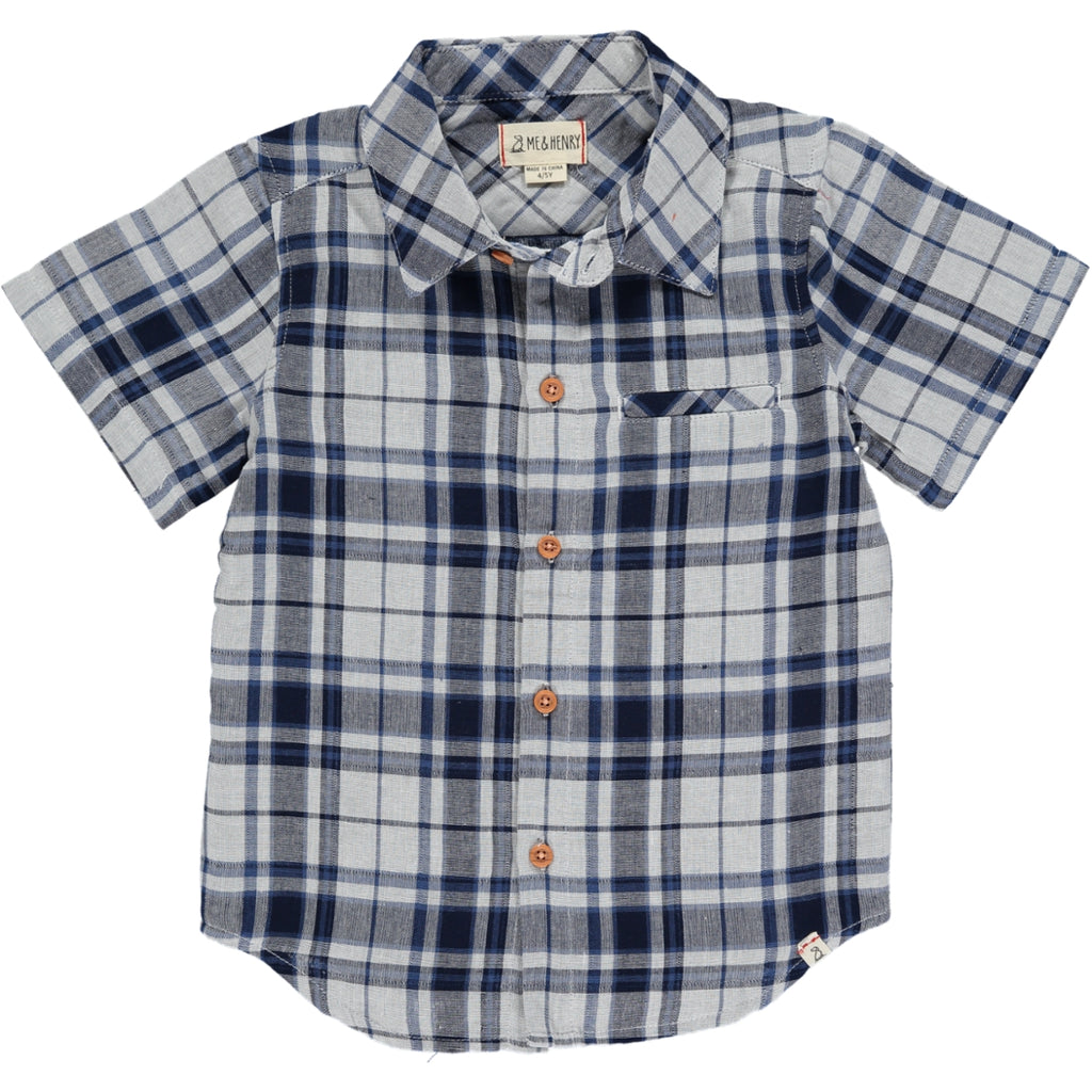 Navy/White Plaid Woven Shirt, 5 buttons going down the middle, short sleeve with a smart collar and a small front pocket
