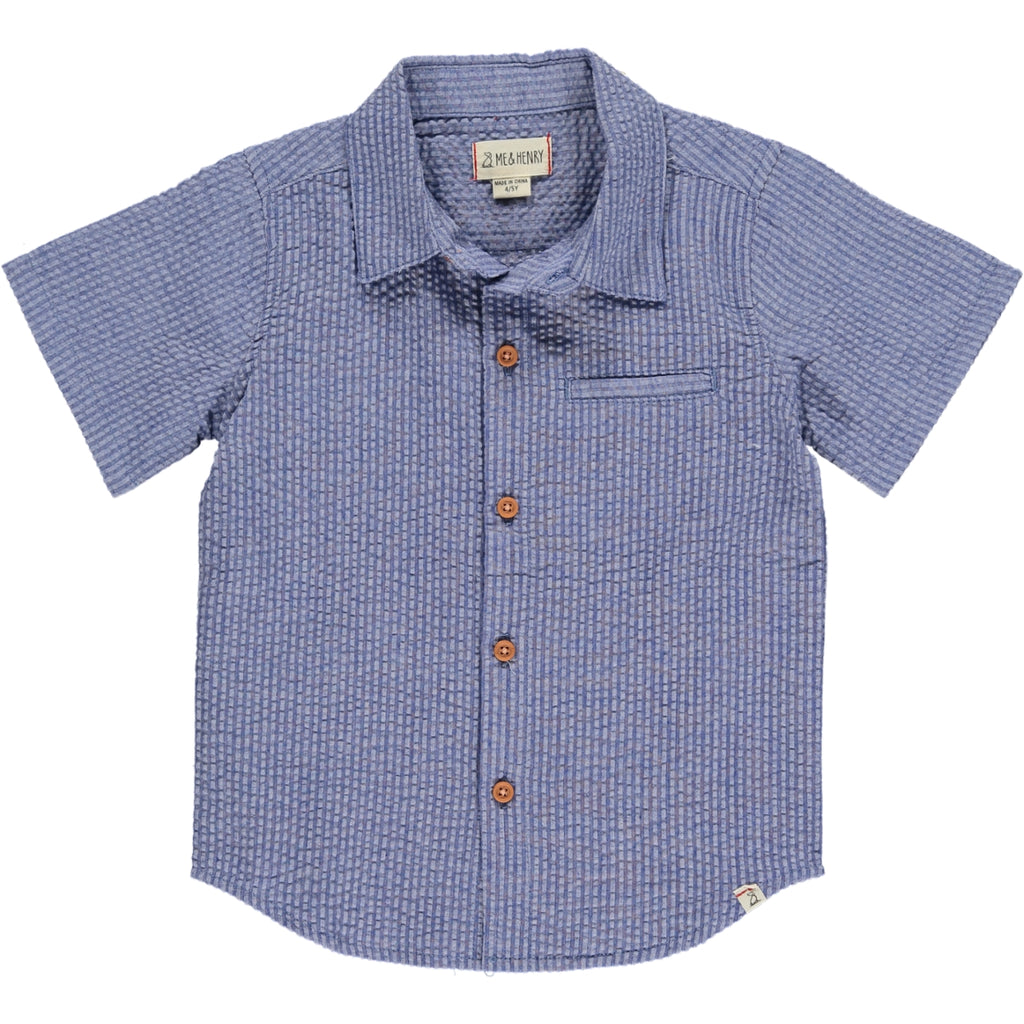 Navy seersucker Woven Shirt, 5 buttons going down the middle, short sleeve with a smart collar and a small front pocket.
