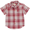 Red/Cream Plaid Woven Shirt, 5 buttons going down the middle, short sleeve with a smart collar and a small front pocket