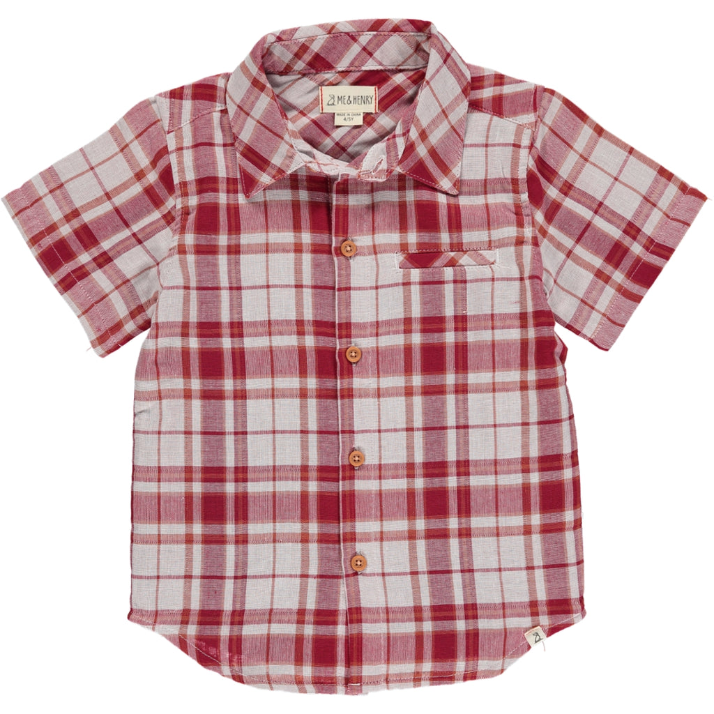 Red/Cream Plaid Woven Shirt, 5 buttons going down the middle, short sleeve with a smart collar and a small front pocket