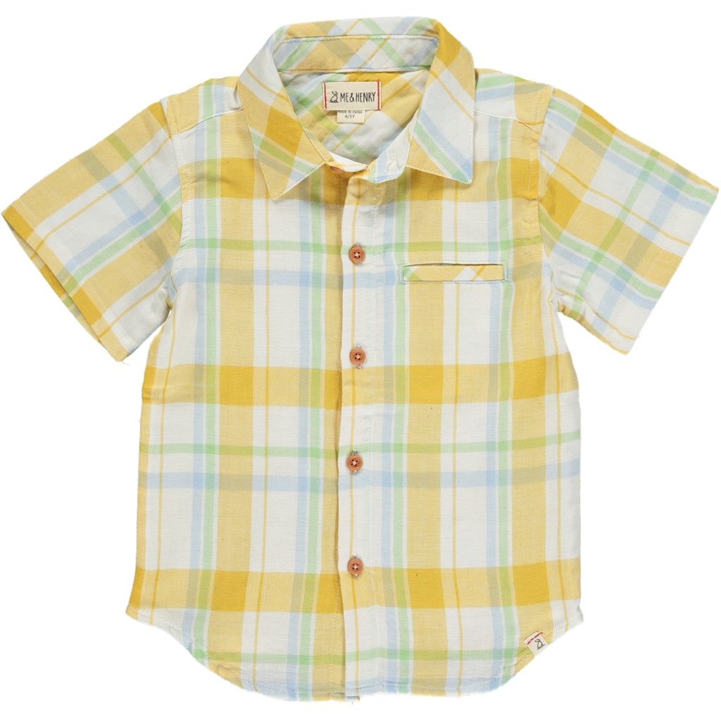 Gold/Cream Plaid Woven Shirt, 5 buttons going down the middle, short sleeve with a smart collar and a small front pocket