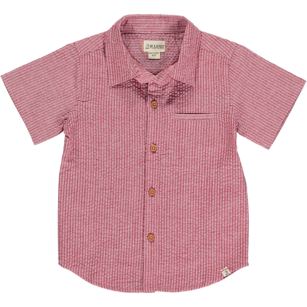 Coral Seersucker Woven Shirt, 5 buttons going down the middle, short sleeve with a smart collar and a small front pocket.