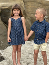 Chambray, Anchor, Woven, shirt, button, buttons, beige, , shorts, blonde, hair, little, girl, wearing, Anchor, woven, dress, button, buttoons, summer, henry.