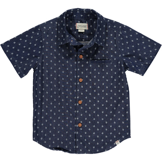 Chambray Anchor Woven Shirt, 5 buttons going down the middle, short sleeve with a smart collar and a small front pocket