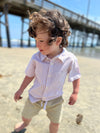 little, boy, brown, curly, hair, stone, twill, shorts, beige, white, short, sleeved, shirt, spring, summer, casual, henry.