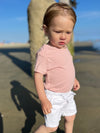 Boy in a Pink, White, Stripe Tee, White, Twill, Shorts, short, dark, hair, spring, summer, cool, look, henry,