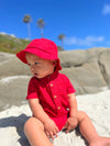 Red, twill, bucket, hat, little, baby, on, beach, wearing, red, onesie, buton, buttons, summer, henry,